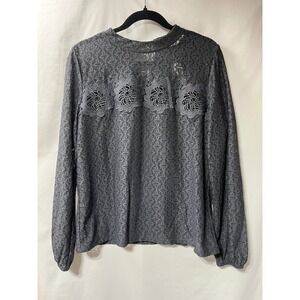 Loft Grey Floral Lace Mock Neck Blouse Long Sleeve Keyhole Back Top Womens Med‎